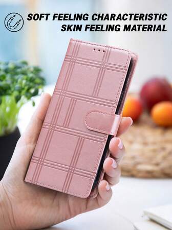 GLANDOTU Rose Gold Plaid Luxury Retro PU Leather Wallet Case With Phone Stand, Flip Cover, Card Slots And Magnetic Closure, Fits Various Phone Brands And Models