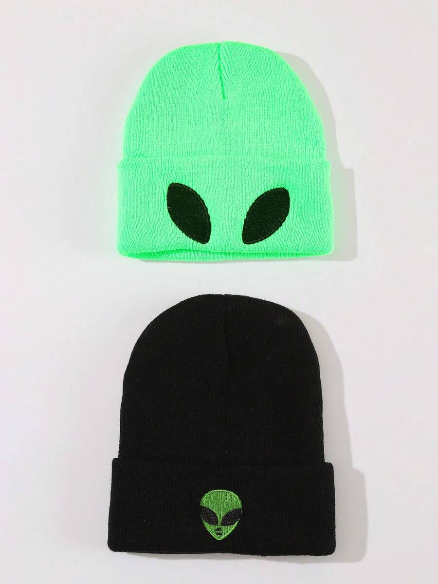2pcs Men's Alien Embroidery Knit Beanie Hat, Warm Winter Accessory