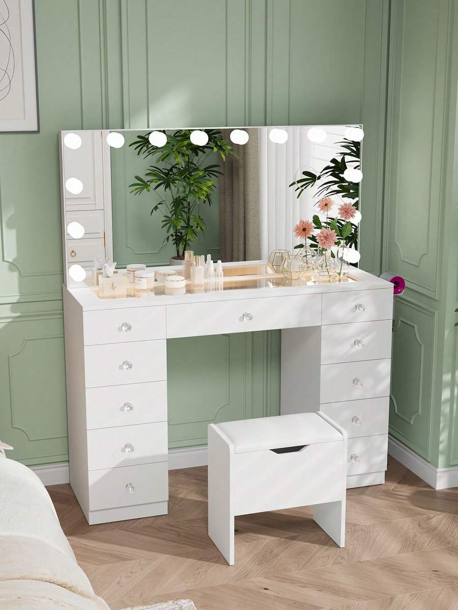 VOWNER 46" Makeup Vanity Desk With Whole Lighted Mirror & Power Outlet, Modern Vanity Table With 11 Storage Drawers & Soft Stool, 14-Bulbs Large Mirror, 3-Color Lighting & Brightness Adjustable, Bedroom Vanity Set Gifts For Girls Women, Christmas - 查看 1