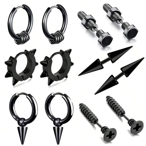 6 Pairs Punk Style Men's Earrings, Personalized Hiphop Earring Set, Suitable For Party, Holiday Gift