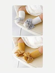 Wrenababy 女童百搭舒适袜子，可爱蝴蝶结设计公主风格防滑圆点抓地袜，适合幼儿和婴儿，适合春秋季