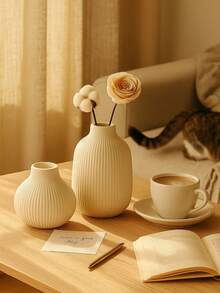 White Ribbed Resin Vase - Modern Minimalist Decor Piece, Available In Multiple Sizes, Lightweight Design, Suitable For Bedroom, Entryway, Living Room And Gift Display, Home Decor, Room Decor, Vase, Glass Vase - Multicolor - View 2