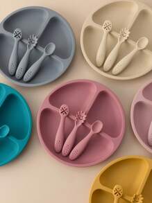 PopLittleOne 4PCS Baby Silicone Tableware Sets Suction Baby Dishes Soft Kids Utensils Feeding Training Baby Meal Tray Non-Slip Three-Frame Plate For Boy Girl - Multicolor - View 2