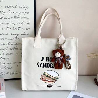 1 pièce Sac fourre-tout en canevas blanche imprimée avec pendentif, sac de grande capacité pour le travail et les courses, convient aux femmes, peut contenir les téléphones, les ordinateurs portables, les livres et les documents
