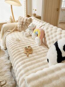 1 件奶油色毛绒兔子沙发垫，加厚防滑沙发套，适合家庭、客厅、卧室、办公室、四季通用