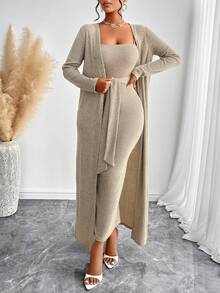 AIJ Amarilo 女士休闲优雅风格后开衩罗纹纯色细肩带中长连衣裙和外套 2 件套，配有侧腰系带 - 杏色 - 查看 2