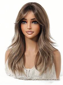This 20-Inch Long, Wavy Brown Synthetic Wig With Long Curly Blonde Hair In The Middle Is A Cosplay Wig For Women's Daily Gatherings. It Is Suitable For Daily Wear During Holidays, Travels, Family Gatherings, And As A Gift For Halloween And Christmas - 挑染棕色 - 查看 3