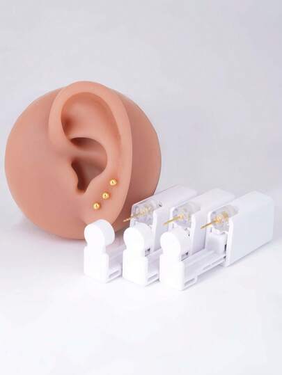 1 Stück/2 Stücke/3 Stücke/Set Einweg-Ohrpiercing-Pistole mit geringem Schmerz, steril, inklusive 3mm vergoldeter Ohrstecker, geeignet als Selbstpiercing-Werkzeug und Zubehör