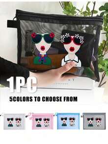 1pc Multi-Color Mesh Bag With Creative Goddess Head Pattern, Charger Storage Bag, Lightweight, Large Capacity, Multi-Function Storage Bag, Travel Toiletry Bag, Suitable For Beach, Vacation, Travel, Picnic, Dating, Practical Digital Bag, Women'S Cosmetic Bag, Student Stationery Bag, Family Medicine Bag, Small Accessories Bag, Suitable For Gift Giving, Back To School Essential, Dormitory Storage - Multicolor - View 1