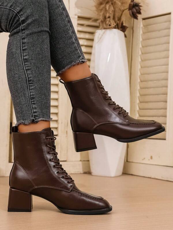 Women's Retro Faux Leather Warm Ankle Boots, Solid Color Lace-Up Boots, Suitable For Pairing With Hoodies, Autumn Outfits, Valentine's Day