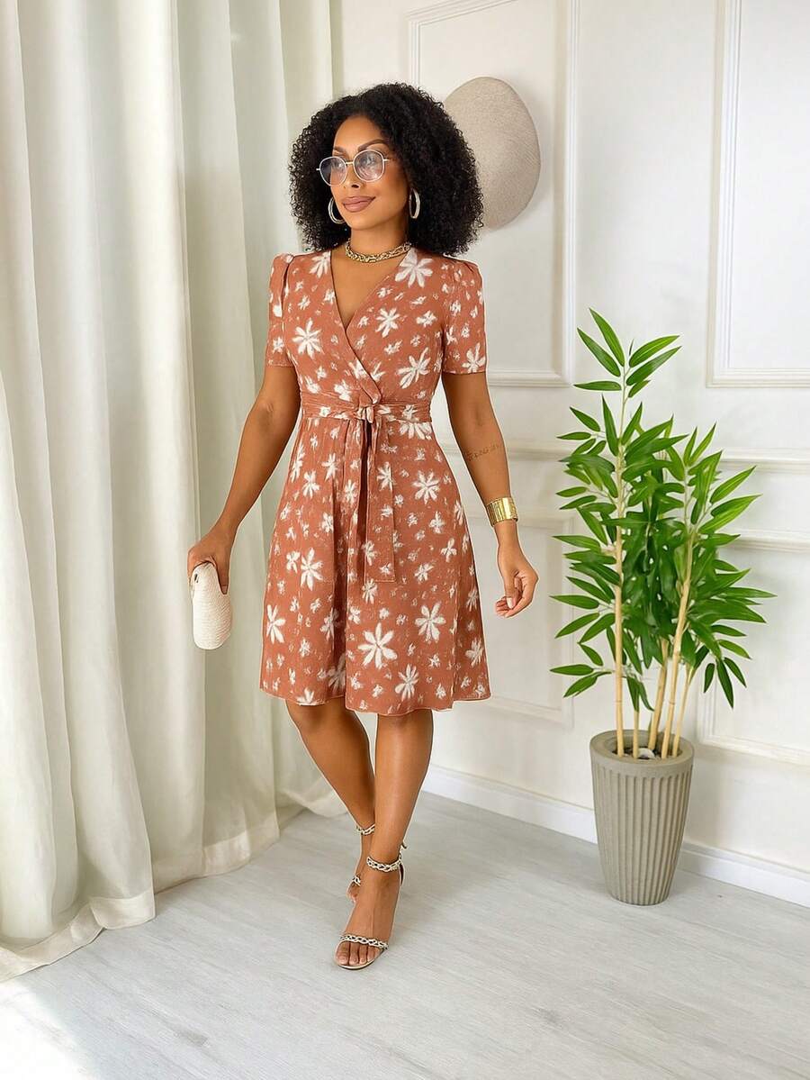Women's Casual Elegant Printed Dress In Romantic Fabric - Terracotta - View 1