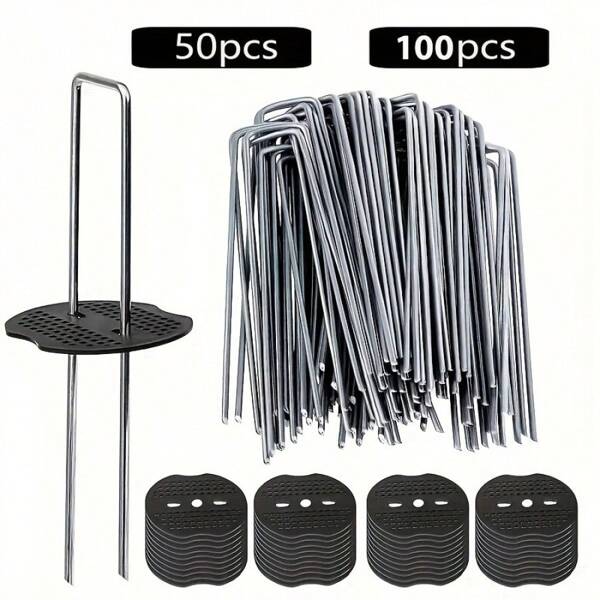 50 piezas, anclajes en forma de U para el suelo, clavos de acero galvanizado para jardín utilizados para asegurar céspedes, redes, suelo, excluyendo la tela de barrera, pico del suelo + arandela del pico del suelo