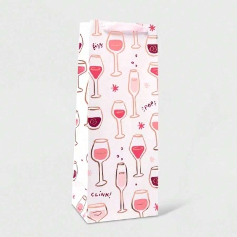 Wine Bag With Wine Glass And Foil Pink/Gold - Fits All Standard Size Wine And Spirits Bottles Pink Hue With All Over Foil Printed Wine Glass Graphic For Celebratory Style Perfect For Gifting On All Occasions - 預設 - 查看 1