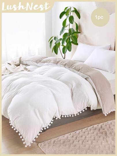 1pc Bohemian Farmhouse Style Pom Pom Duvet Cover, White & Beige, Soft & Lightweight Microfiber, Suitable For Men, Women & Kids, Duvet Cover Only (No Comforter, No Pillow Sham)