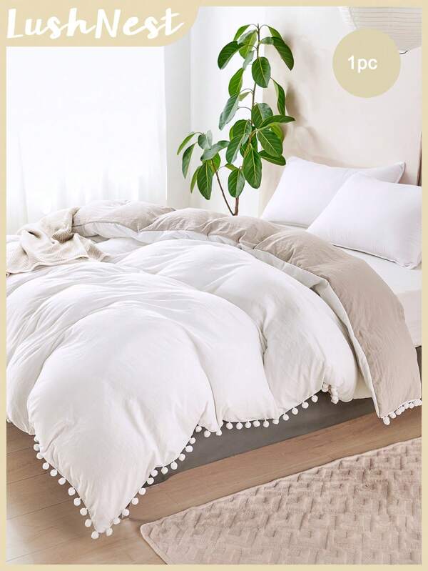 Pom Pom Duvet Cover Boho Farmhouse Bedding 1 Piece Pom Pom Decor Reversible White And Beige Comforter Cover Soft Microfiber Duvet Cover For Boys Girls 1 Duvet Cover No Comforter