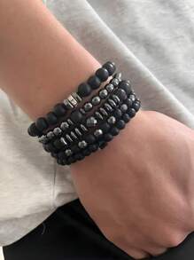 Set de 5 piezas de pulseras elásticas apilables negras hechas a mano con cuentas, joyas de moda para hombre y mujer de estilo punk gótico brillante para fiestas, vacaciones y regalos