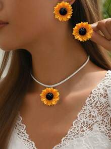 European & American Cross-Border Minimalist Daisy, Sunflower Pendant Necklace, Sweet Dopamine Colorful Flower Stud Earrings Necklace Set For Women - Flower - View 13