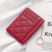 Cartera mini minimalista acolchada - Bolsa de identificación con múltiples ranuras para tarjetas y soporte para identificación, monedero con cremallera, cuero sintético color tostado - Verde - Ver 10