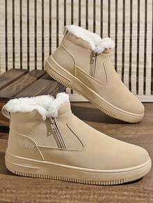 Botas de nieve para hombres, nuevas botas de moda con forro de piel cálido, suela gruesa antideslizante, diseño con cremallera lateral, botas clásicas de media pantorrilla con cuello de piel para senderismo al aire libre, zapatos de trabajo súper cálidos con suela gruesa antideslizante para patinaje sobre hielo, disfruta del mundo nevado, botas de nieve esenciales para hombres en invierno