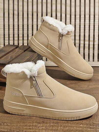 Men's Snow Boots, New Fashionable Warm Fur Lined Thick Sole Anti-Slip Leather Boots, Side Zipper Design, Outdoor Hiking Classic Mid-Calf Fur Collar Boots, Outdoor Anti-Slip Thick Bottom Super Warm Ice Skating Work Shoes, Enjoy The Snowy World, Essential Winter Snow Boots For Men