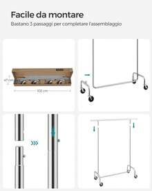 Stand Appendiabiti con Rotelle, Portabiti per Carico Pesante, Barra Estensibile, Portata 130 kg, 45 x (110-150) x 162,9 cm, Metallo Cromato, Argento - Argento - Visualizzare 5