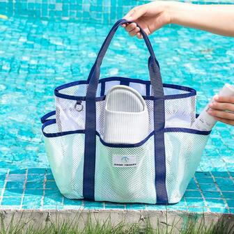 Bolsa de tocador de malla transpirable con cremallera y bolsillos laterales, organizador de gran capacidad con múltiples bolsillos, bolsa de playa plegable de malla, esencial para la playa y los viajes de vacaciones