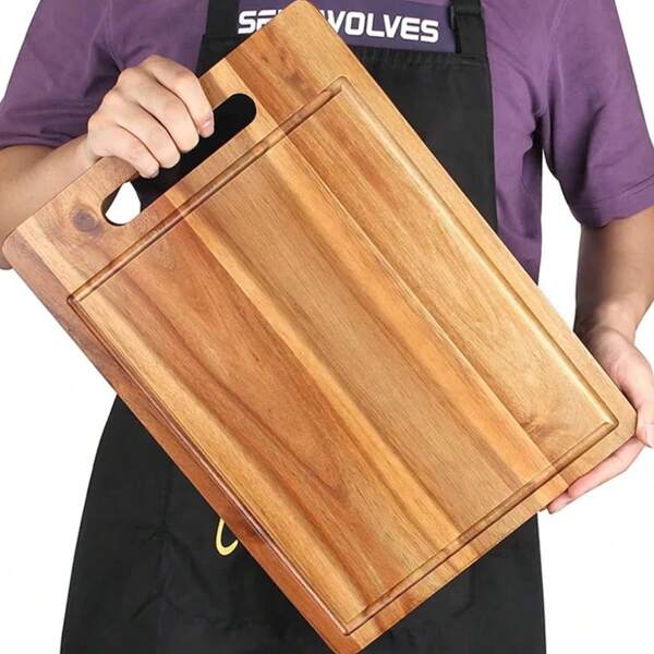 1pc Heavy-Duty Acacia Wood Cutting Board - Non-Porous Juice Grooves, Natural Wood Grain Chopping Board, Knife-Friendly Surface, No Glue/Toxic Finish - Kitchen Countertop, Charcuterie Board, Serving Tray - Easy Clean & Maintain - Ideal Gift For Chefs & Home Cooks, Food Prep Surface, Elegant Kitchenware, Smooth Edges, Culinary Gifts, Meal Preparation, Cooking Enthusiasts