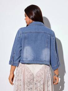 Jeanoix Plus Size Women's Casual Single-Breasted Denim Jacket With Pockets, 3/4 Sleeve - Medium Wash - View 2