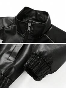 Męska skórzana kurtka z długim rękawem i haftem literowym - Czarne - Zobacz 3