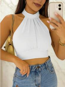 Women's Halter Neck Crop Top With Ruched Back And Tie In Duna Fabric - Summer 2025 - 白色 - 查看 2