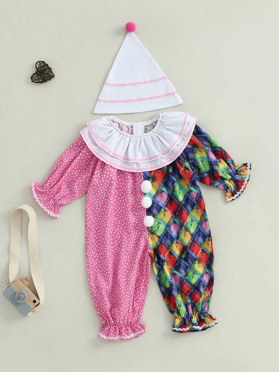 0-5 Years Kids Toddler Baby Boy Girl Clown Costume Halloween Outfits Contrast Color Long Sleeve Jumpsuit And Hat 2Pcs Clothes Set Funny Clown Dress Up Cosplay Costume - 粉色 - 查看 1