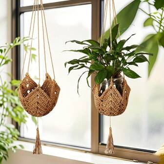 Boho Macrame Plant Hangers For Indoor & Outdoor – Handcrafted Jute Crochet Hanging Planter With S-Hooks,Home Decor Accents|Handcrafted Hangers, Lightweight Geometric Design For 3-12 Inch Pots – Bohemian Wall & Ceiling Decor For Home, Garden, Fence – Perfect For Plant Lovers & Boho Chic Home Decor