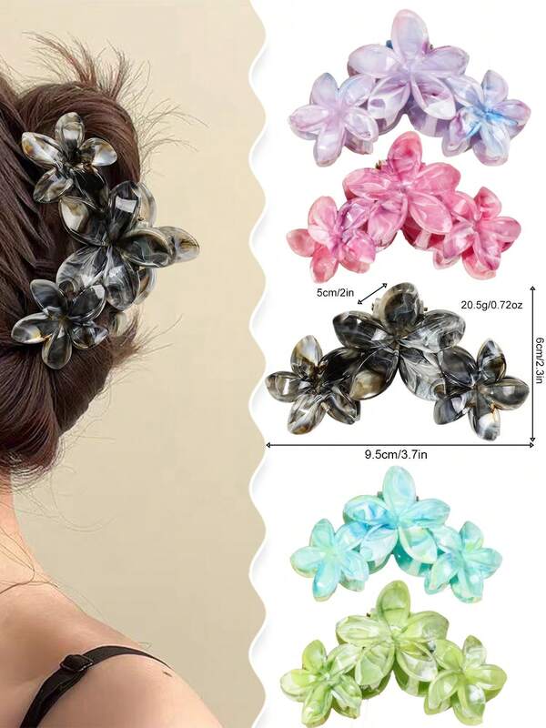 Set de 5 pinzas para el cabello de estilo Plumeria de ABS, en 5 colores que incluyen morado, verde, negro y multicolor, adecuadas para uso diario, escuela, vacaciones, fiestas, como regalo para seres queridos