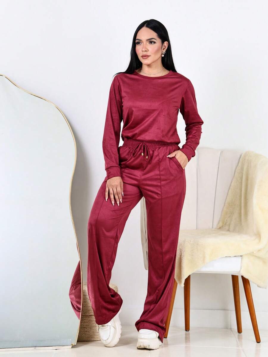 Women's Winter Set: Wide Leg Pants And Long Sleeve Suede Top, Elegant And Comfortable - 紅木色 - 查看 1