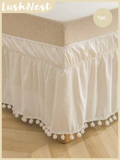 Falda de cama con pompones blancos, estilo bohemio y granja, 1 pieza, falda de cama de microfibra suave para niños y niñas, 1 falda de cama sin edredón