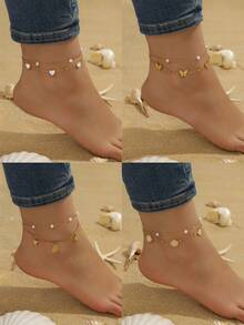 1 件优雅贝壳心形蝴蝶吊坠女士双层珍珠脚链，时尚、闪亮、性感风格，夏季海滩脚链，珠宝礼物脚链，送给美丽女士的完美节日礼物