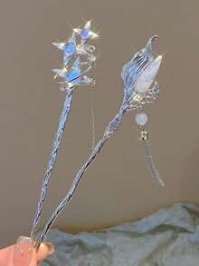 2 件装女士合金星星水钻仿珍珠流苏发夹复古独特设计厚发髻装饰优雅复古中式现代发夹适用于日常、派对、约会装扮、发髻延长、发髻发片、发髻制作器、发型夹、发夹、发饰、学校用品、仿珍珠发饰