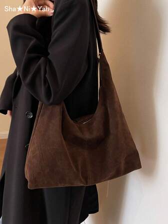 Retro sammet stor kapacitet casual axelväska, lapptäcke färgblocksväska, elegant mångsidig pendlarväska för kvinnor