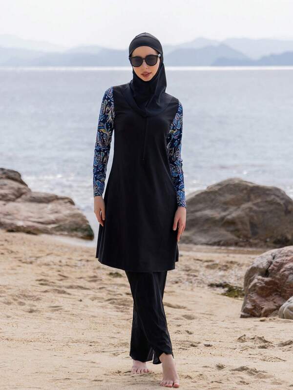 3 piezas Burkini de estilo de Oriente Medio con manga larga, pantalones y capucha para cobertura total, traje de baño modesto para mujeres en verano