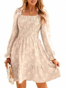 Women's Square Neck Long Sleeve Smocked Dress Fall Swing Ruffle Party Wedding Guest Mini Dress - Màu be - Xem 1