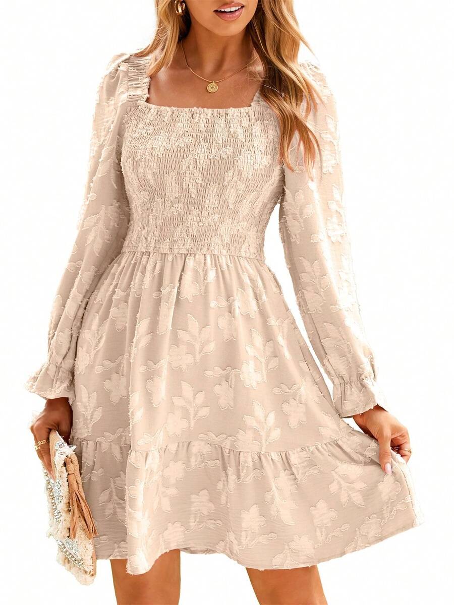 Women's Square Neck Long Sleeve Smocked Dress Fall Swing Ruffle Party Wedding Guest Mini Dress - Màu be - Xem 1