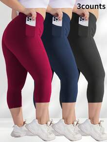 3 Packs Capri Leggings With Pockets High Waist Cropped Trousers Yoga Pants For Women Running Active 3/4 Length Leggings For Workout Exercise & Fitness Plus Size Black Navy Wine Red Combo - 1黑1藏青1酒紅 - 查看 1