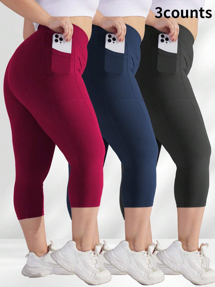 3 Packs Capri Leggings With Pockets High Waist Cropped Trousers Yoga Pants For Women Running Active 3/4 Length Leggings For Workout Exercise & Fitness Plus Size Black Navy Wine Red Combo - 1黑1藏青1酒紅 - 查看 1