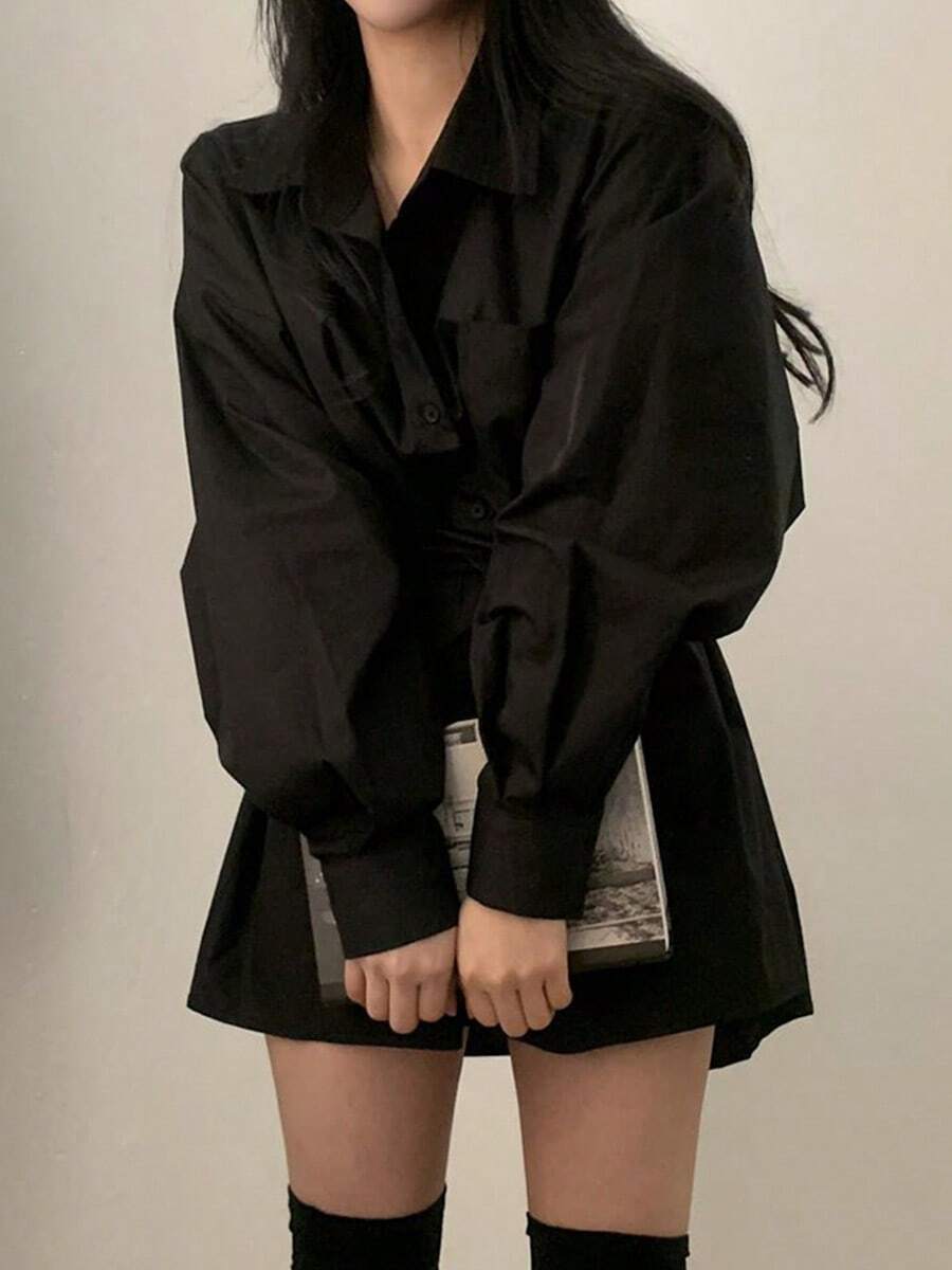 Las mujeres simples de color sólido perezoso viento suelta delgada versátil cinturón de cintura Blusas,Camisas de mujer - Negro - Ver 1
