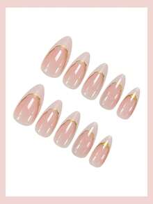 24pcs Short Almond-Shaped French Manicure Nail Stickers, Gold Line Art Minimalist Style Full Coverage, Suitable For Women And Girls Daily Wear, Summer Nail Art Supplies Nails - Multicolor - View 4