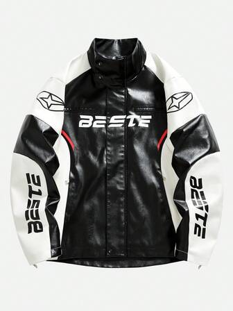 男士黑白撞色字母印花时尚百搭长袖皮夹克，秋季，颓废风