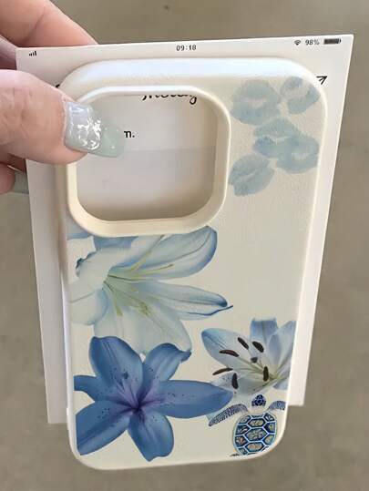 1pc White Leather Texture Minimalist Blue Sea Turtle & Floral Pattern Phone Case, Compatible With Iphone 16 Pro Max, 15/14 Plus, 13, 12, 11 Waterproof Shockproof Anti-Fall Scratch Resistant