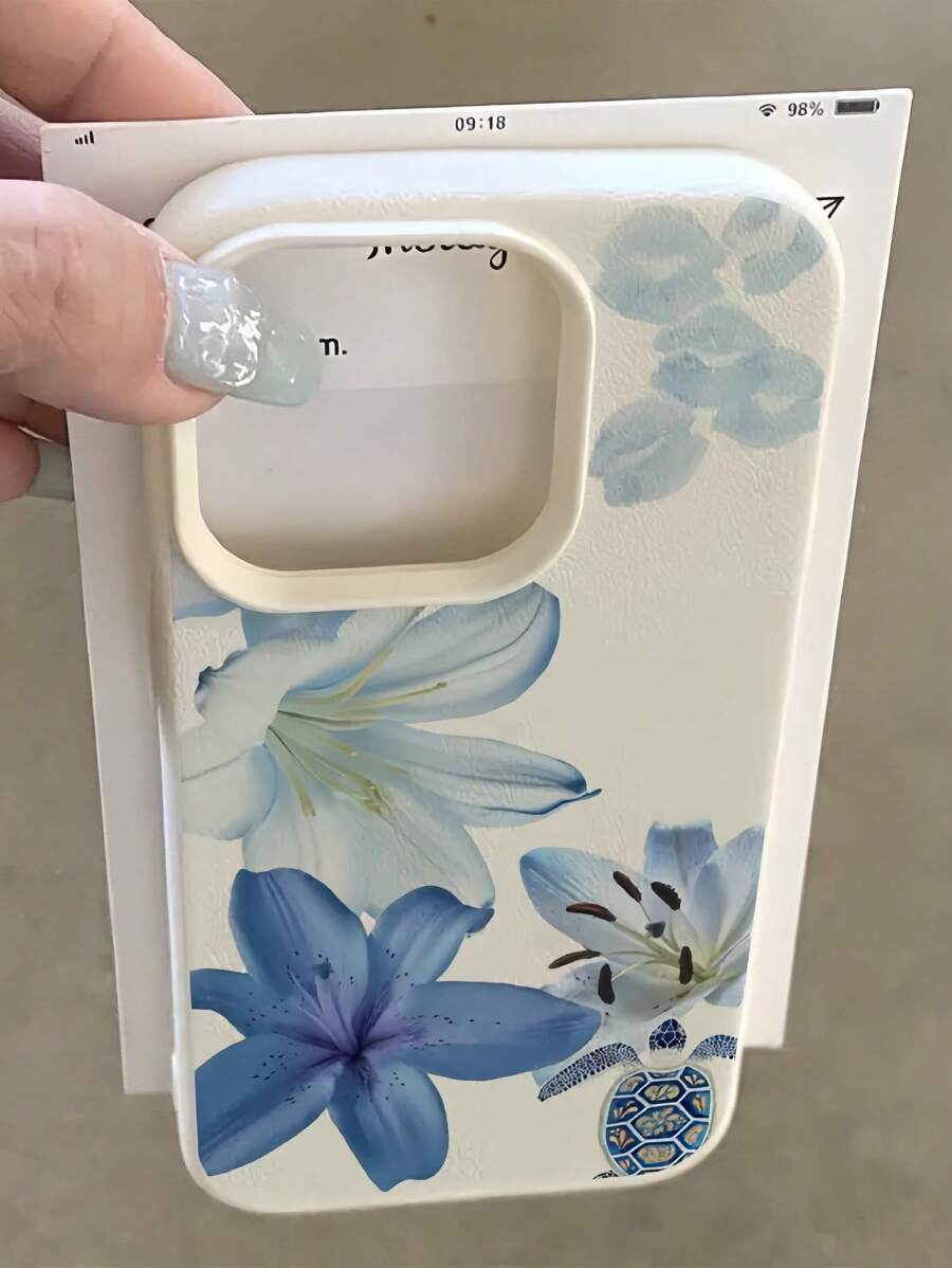 1 pieza Funda de teléfono con textura blanco, diseño minimalista de tortuga marina azul y patrón floral, compatible con iPhone 16 Pro Max, 15/14 Plus, 13, 12, 11, resistente al agua, a los golpes y a los arañazos