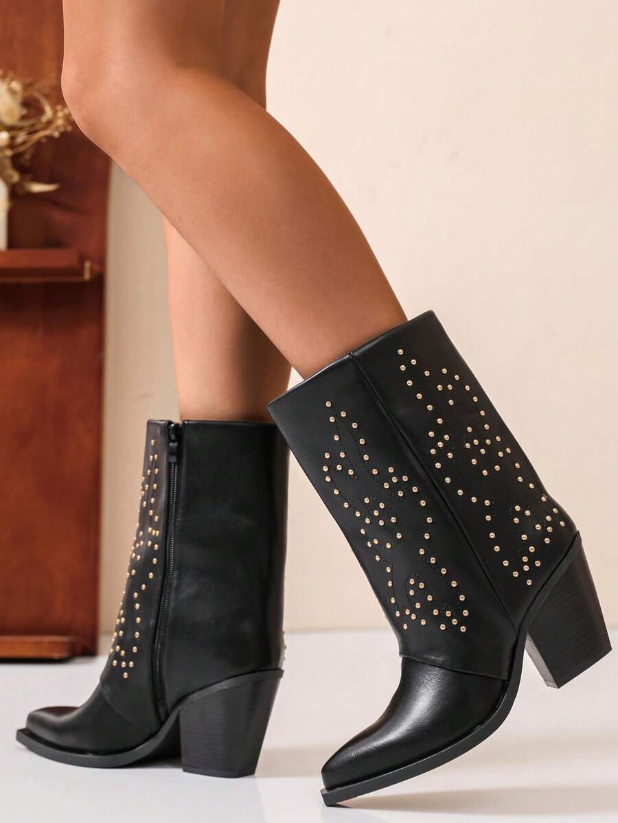Women's Studded Pointed Toe Fashion High Heel Ankle Boots - Black - View 1