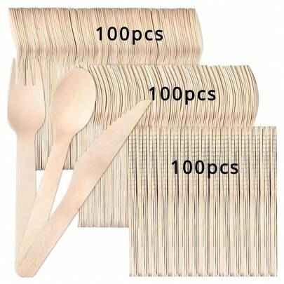 10/50/100 Stücke Einweg-Geschirr Set (einschließlich Einweg-Löffel, Gabel, Holzmesser) für Eislöffel, Dessertlöffel, täglichen Gebrauch im Haushalt, sehr geeignet für Gastronomie-Ausstattung und -Zubehör, Küchenutensilien, Geburtstagsfeiern, Camping-Picknicks, Restaurant-Geschirr, Hochzeiten, Weihnachts- und Halloween-Grundausstattung